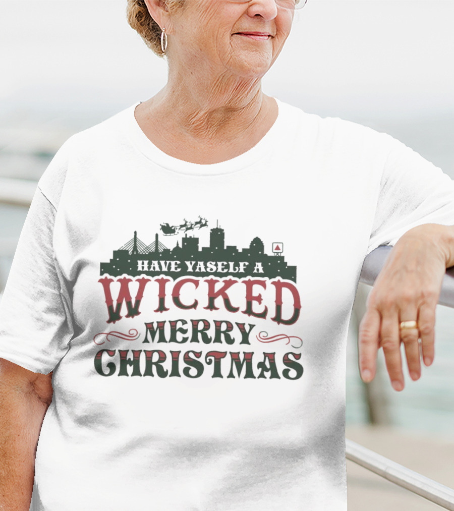 Have Yaself A Wicked Merry Christmas Boston Skyline Santa Sleigh T-Shirt