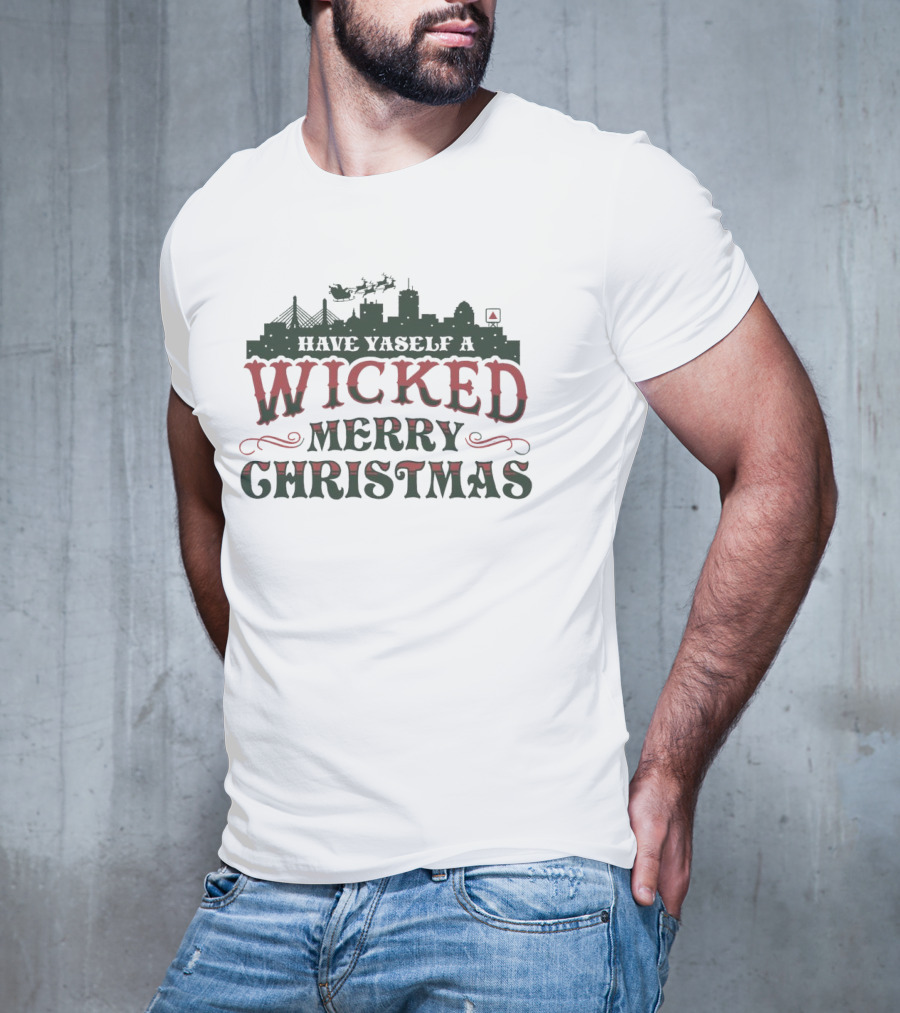 Have Yaself A Wicked Merry Christmas Boston Skyline Santa Sleigh T-Shirt