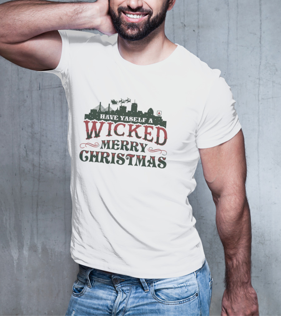 Have Yaself A Wicked Merry Christmas Boston Skyline Santa Sleigh T-Shirt
