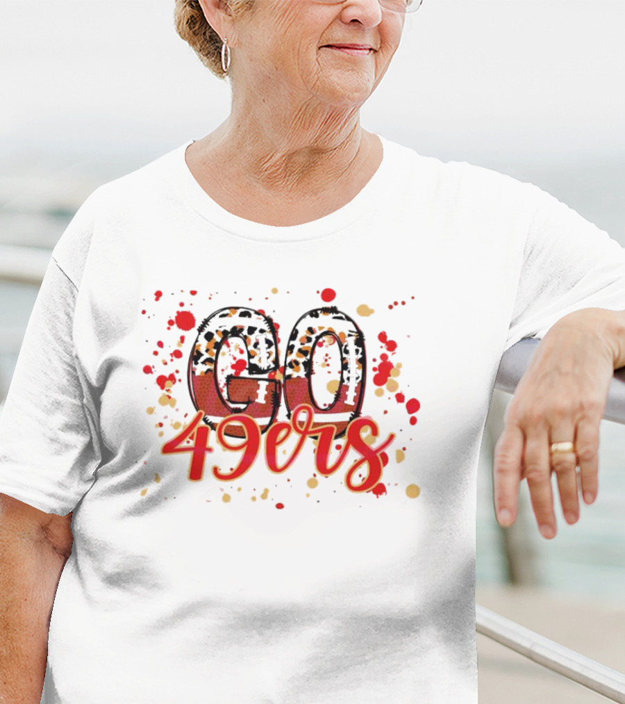 Leopard Print Go 49ers Red And Gold Text With Splatter T-Shirt