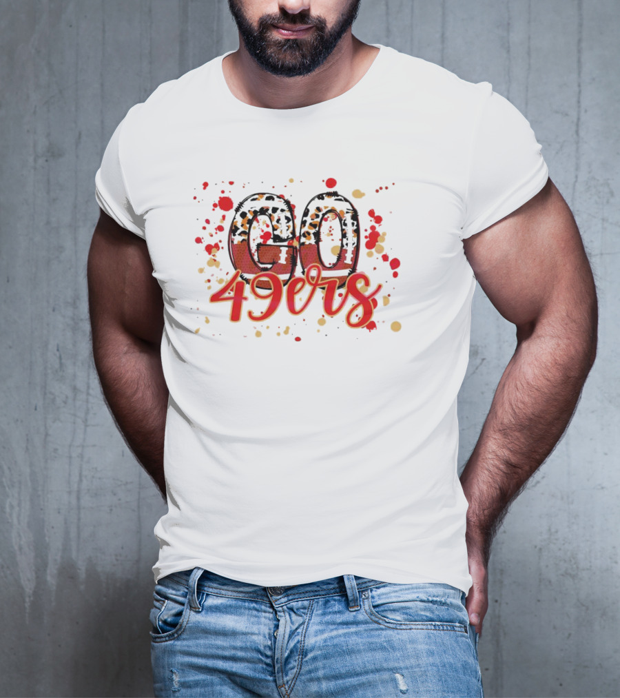 Leopard Print Go 49ers Red And Gold Text With Splatter T-Shirt
