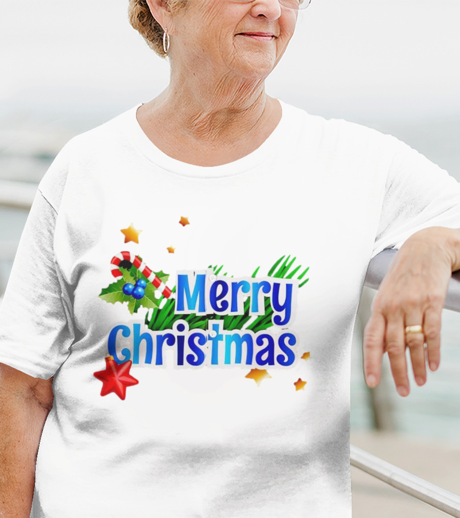 Merry Christmas Candy Cane Holly Pine Red Star T-Shirt