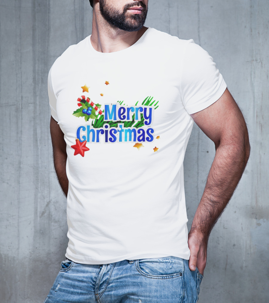 Merry Christmas Candy Cane Holly Pine Red Star T-Shirt