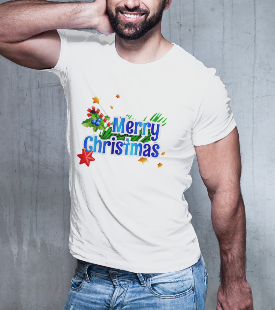 Merry Christmas Candy Cane Holly Pine Red Star T-Shirt