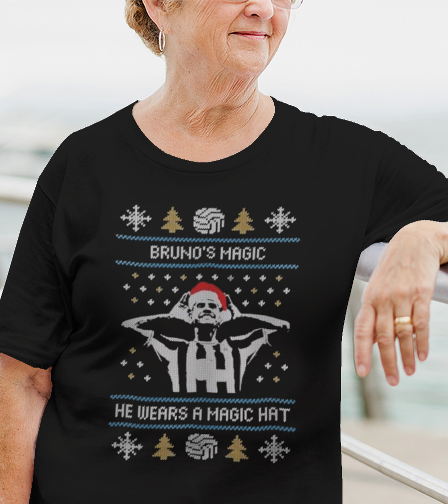 Bruno's Magic He Wears A Magic Hat Soccer Christmas Sweater With Santa Hat T-Shirt