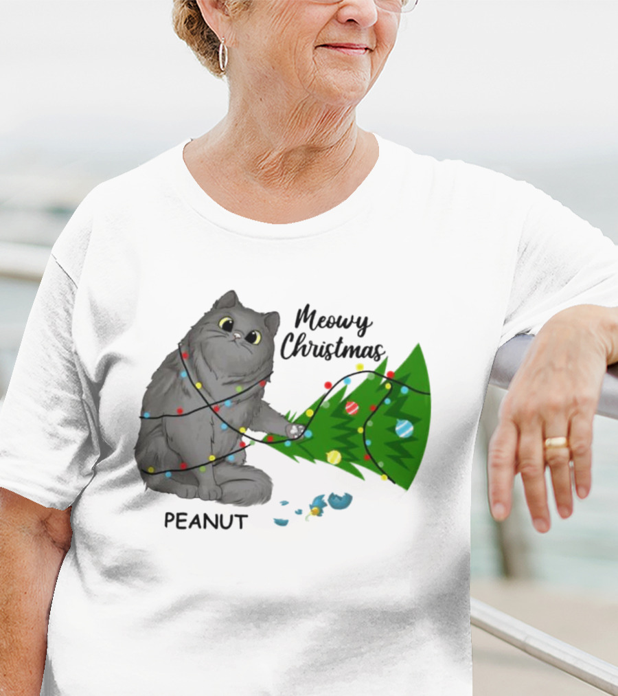 Meowy Christmas Cat Wrapped In Lights With Custom Name Peanut T-Shirt