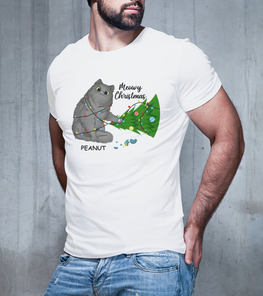 Meowy Christmas Cat Wrapped In Lights With Custom Name Peanut T-Shirt