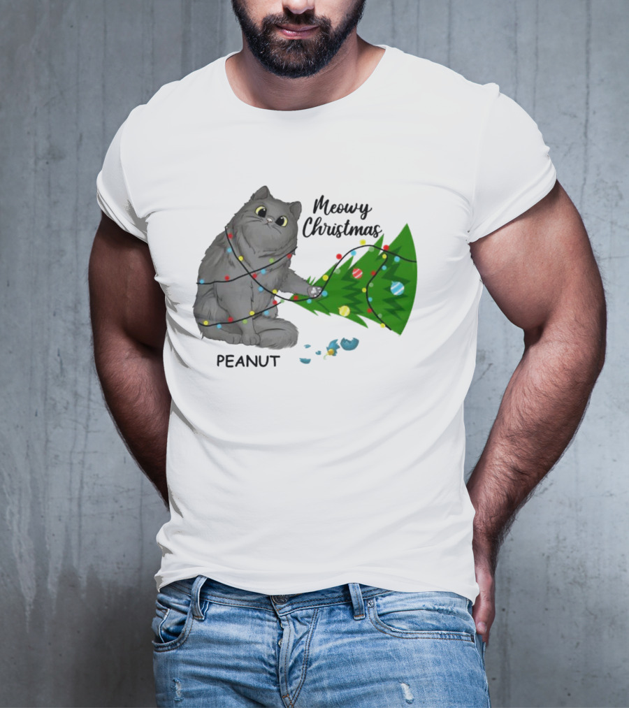 Meowy Christmas Cat Wrapped In Lights With Custom Name Peanut T-Shirt