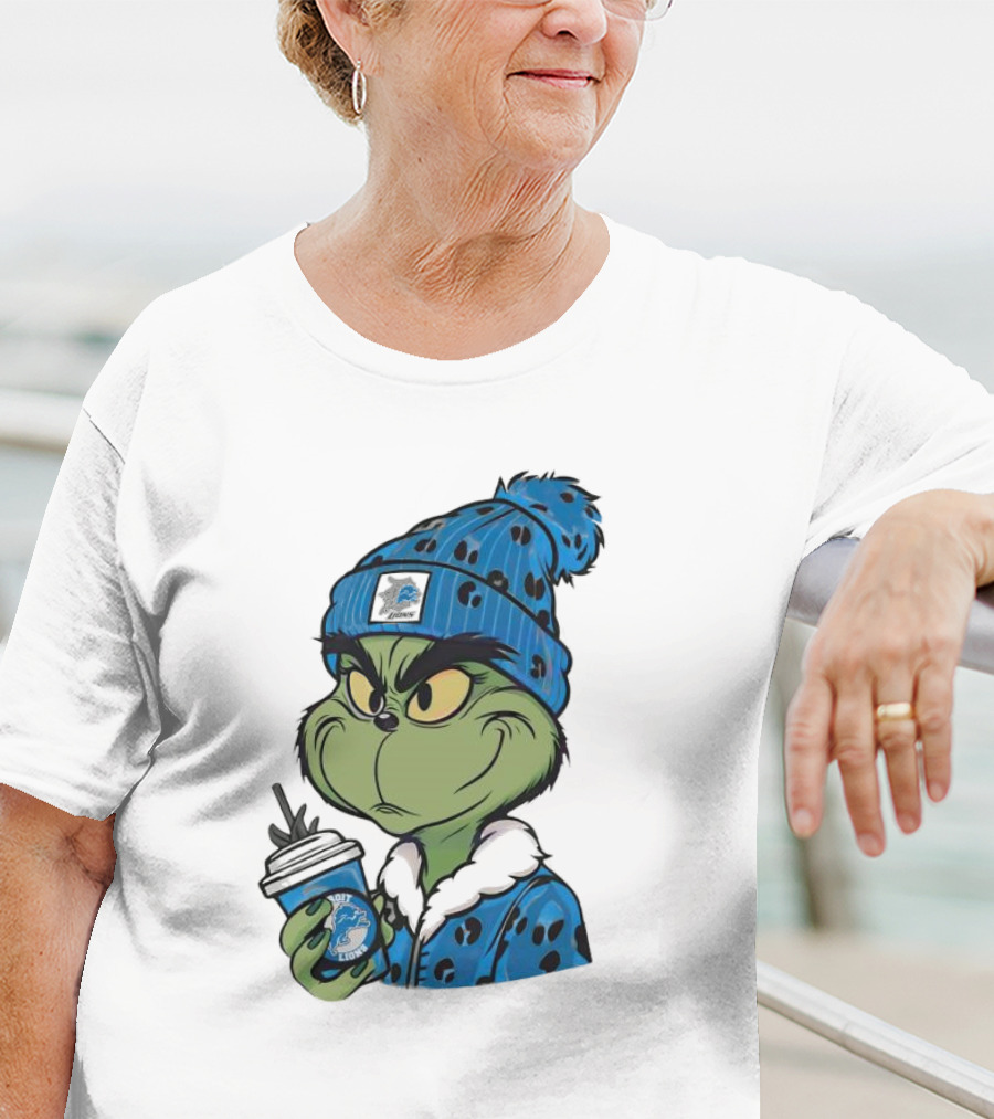 Grinch Wearing Detroit Lions Winter Outfit Holding Drink Christmas T-Shirt