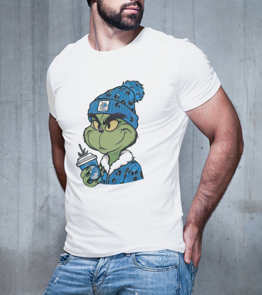 Grinch Wearing Detroit Lions Winter Outfit Holding Drink Christmas T-Shirt