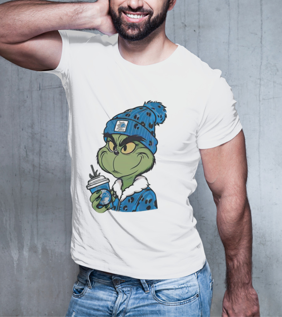 Grinch Wearing Detroit Lions Winter Outfit Holding Drink Christmas T-Shirt