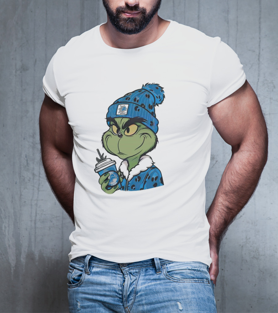 Grinch Wearing Detroit Lions Winter Outfit Holding Drink Christmas T-Shirt