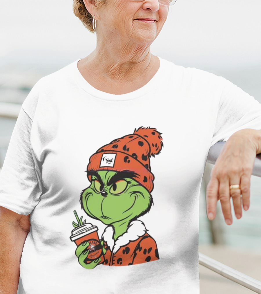 Grinch Wears Orange Beanie Holds Browns Mug Christmas T-Shirt