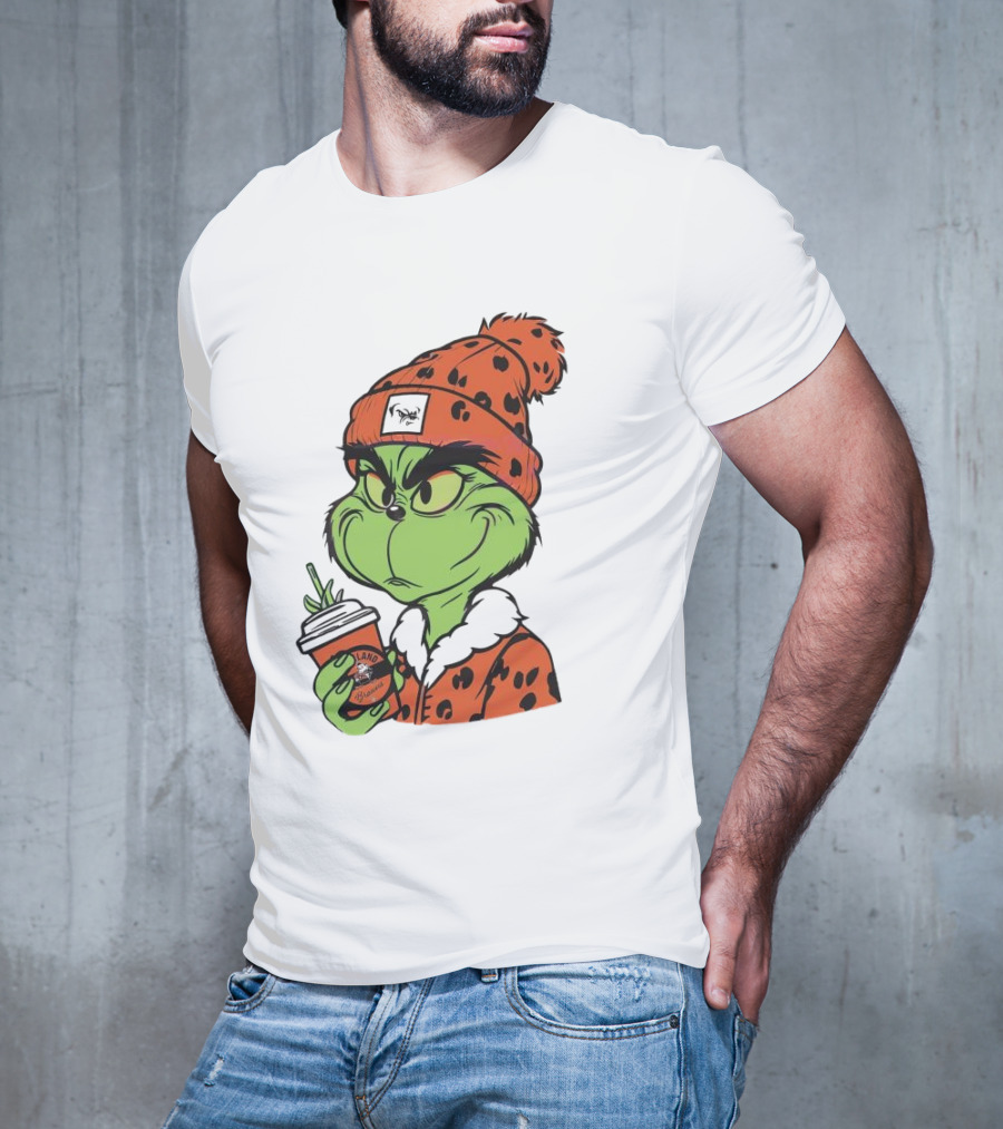 Grinch Wears Orange Beanie Holds Browns Mug Christmas T-Shirt