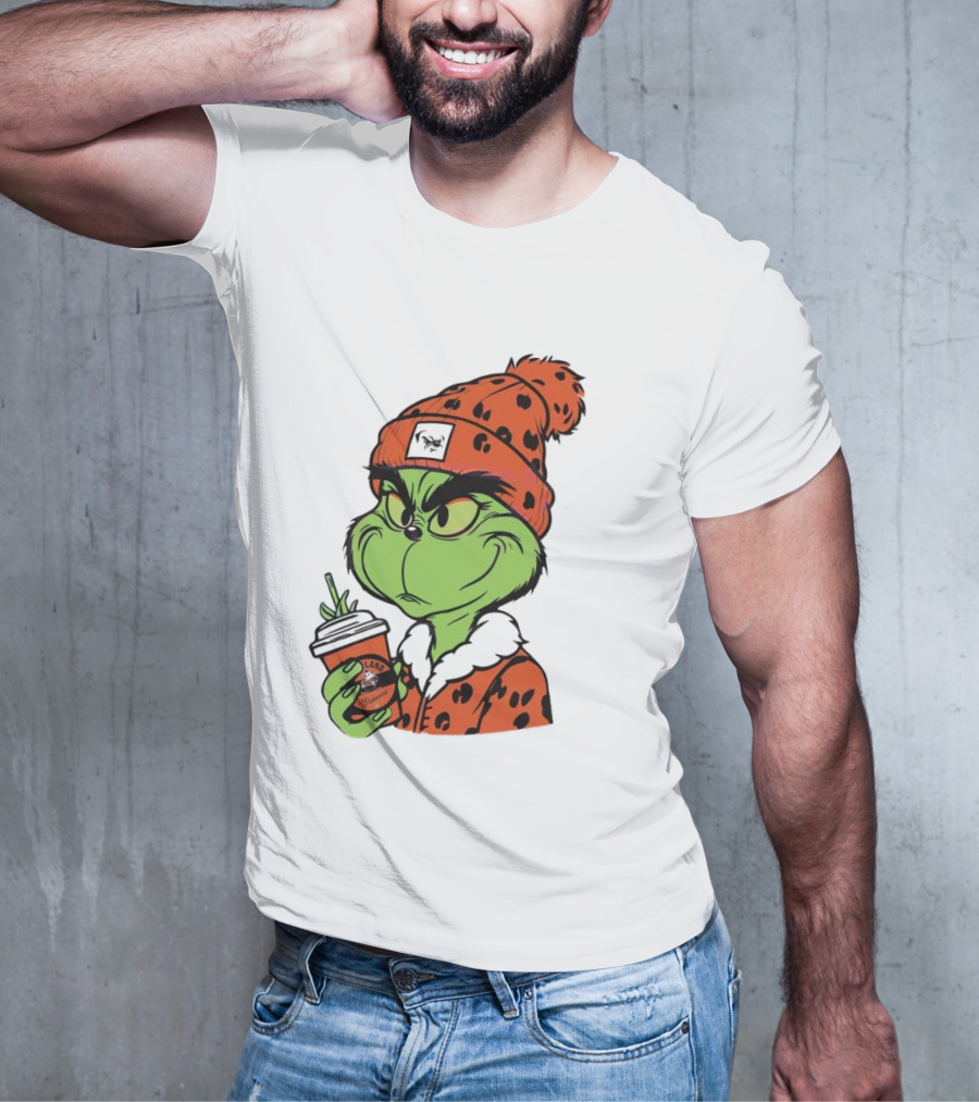 Grinch Wears Orange Beanie Holds Browns Mug Christmas T-Shirt