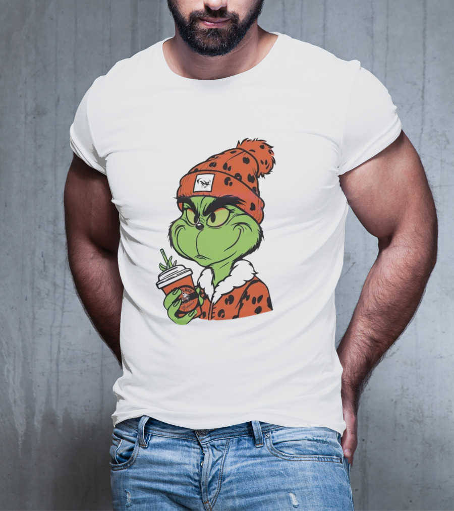Grinch Wears Orange Beanie Holds Browns Mug Christmas T-Shirt