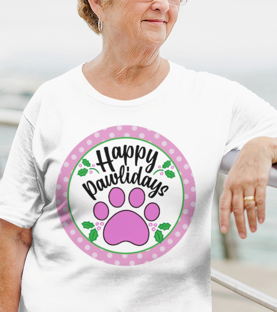 Happy Pawlidays Pink Paw Print With Holly Border Christmas T-Shirt