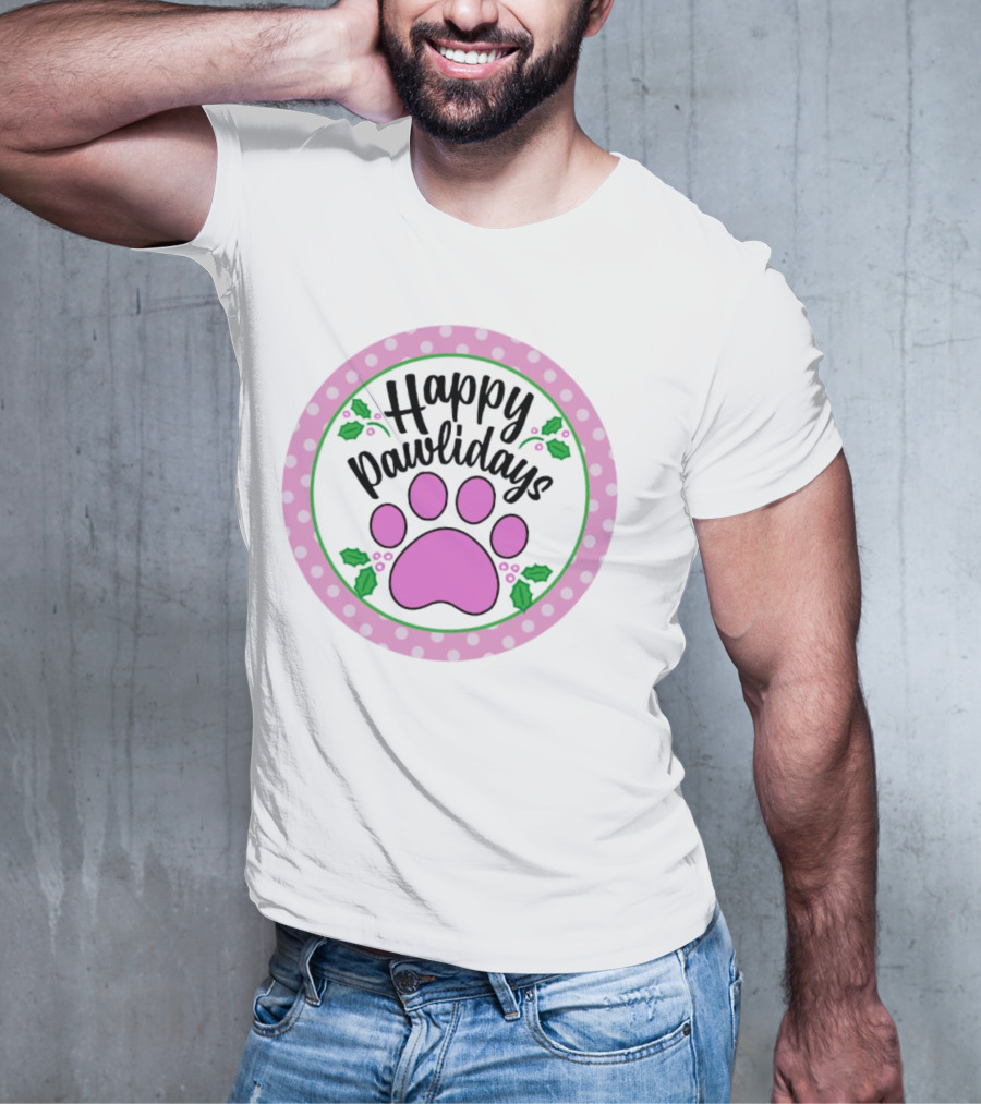 Happy Pawlidays Pink Paw Print With Holly Border Christmas T-Shirt
