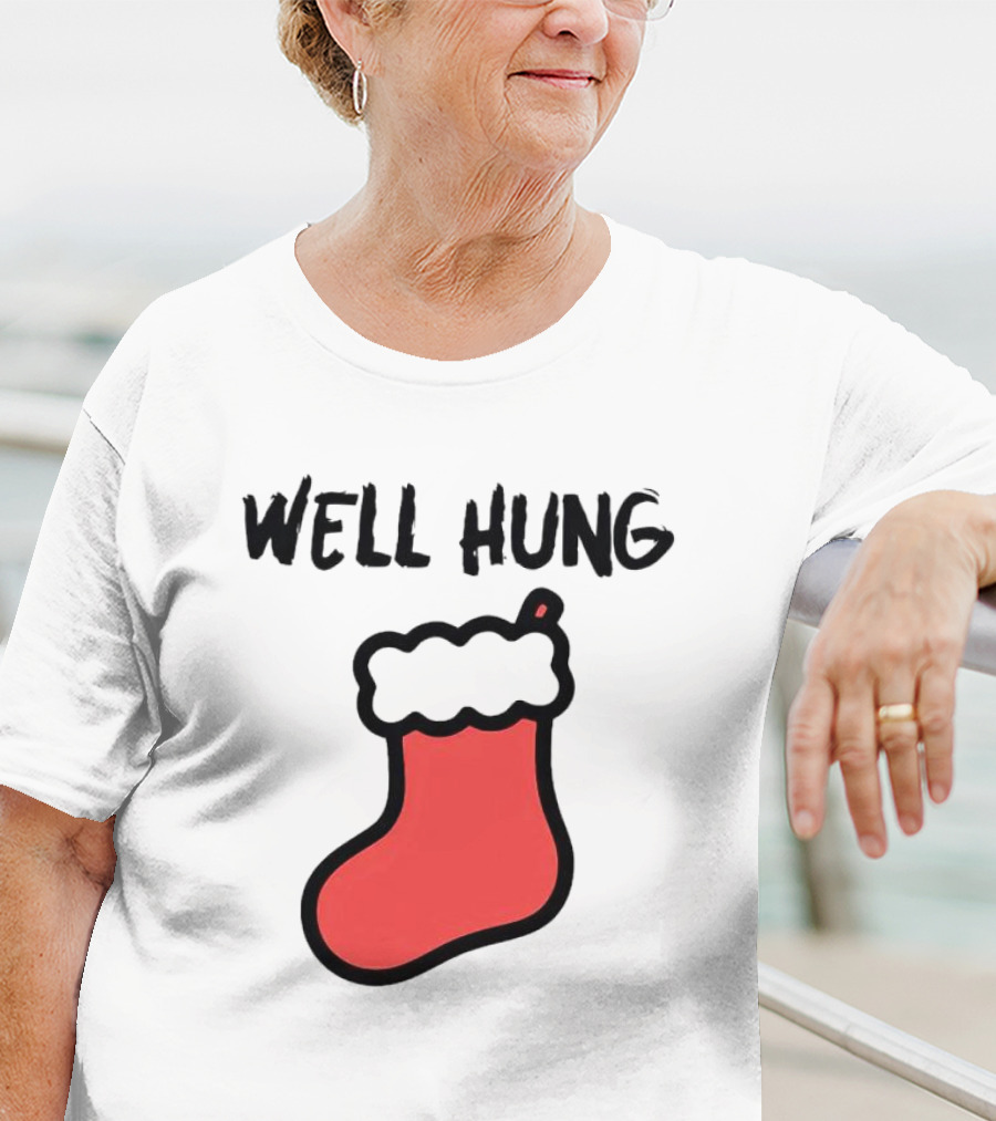 Well Hung Red Christmas Stocking Holiday Pun T-Shirt