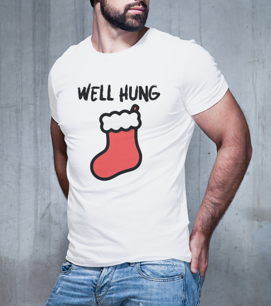 Well Hung Red Christmas Stocking Holiday Pun T-Shirt