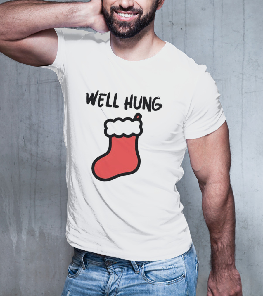 Well Hung Red Christmas Stocking Holiday Pun T-Shirt