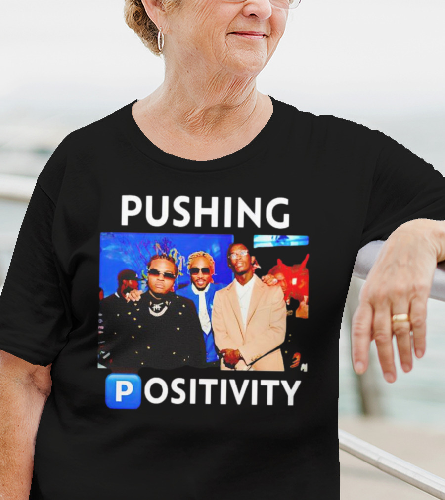 Pushing Positivity Iconic Trio With Blue Background T-Shirt