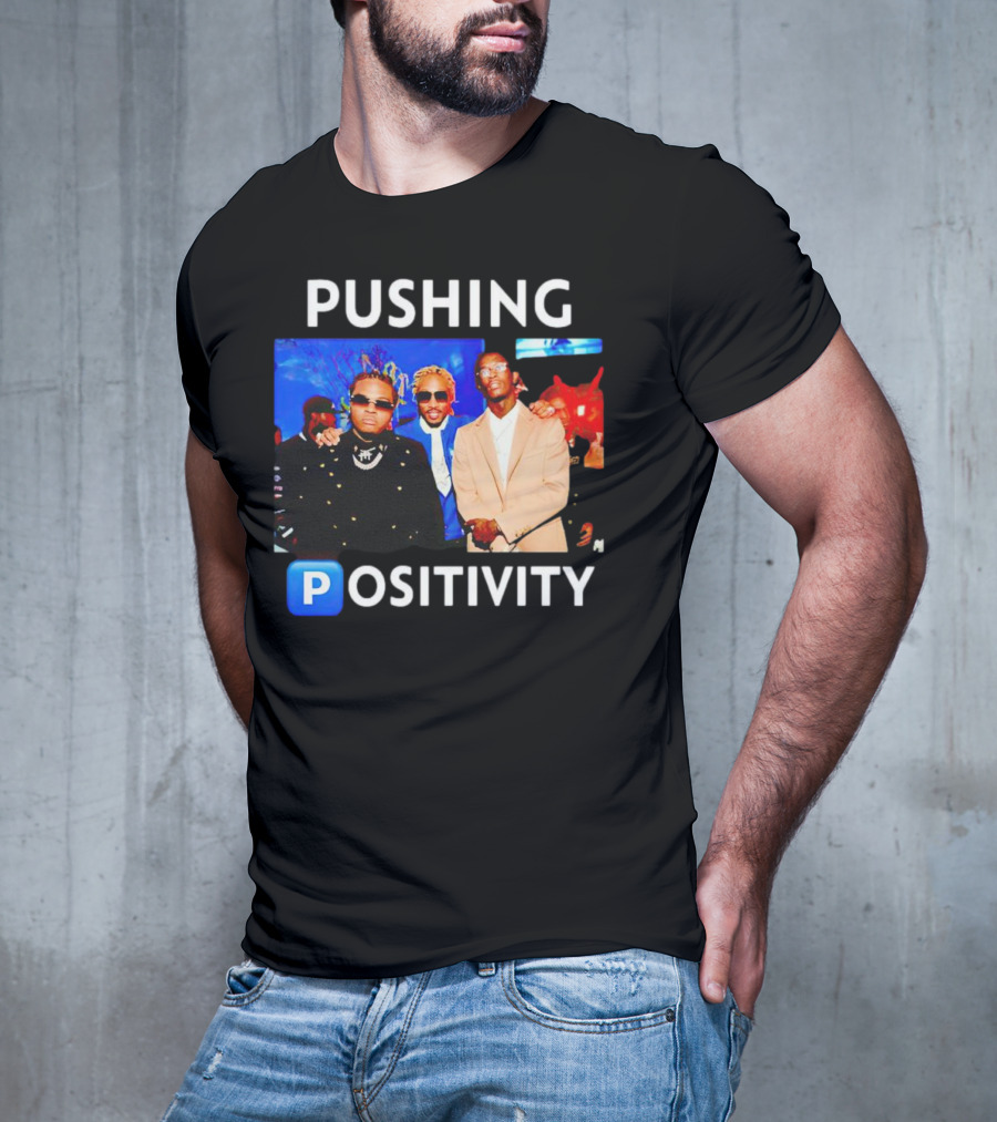 Pushing Positivity Iconic Trio With Blue Background T-Shirt