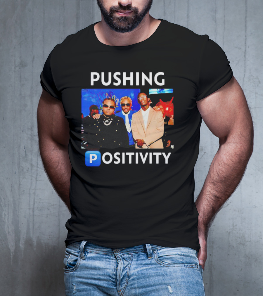Pushing Positivity Iconic Trio With Blue Background T-Shirt