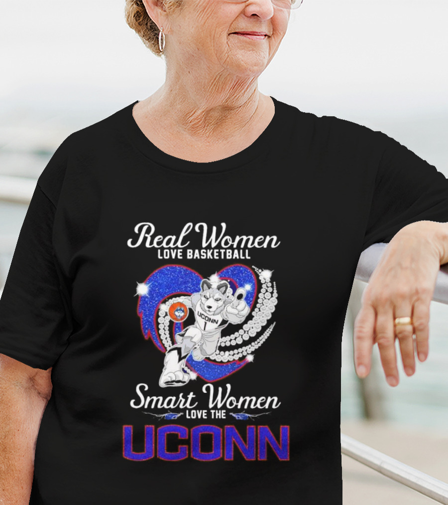 Real Women Love Basketball Smart Women Love The UConn Huskies UConn Basketball Fan Heart T-Shirt