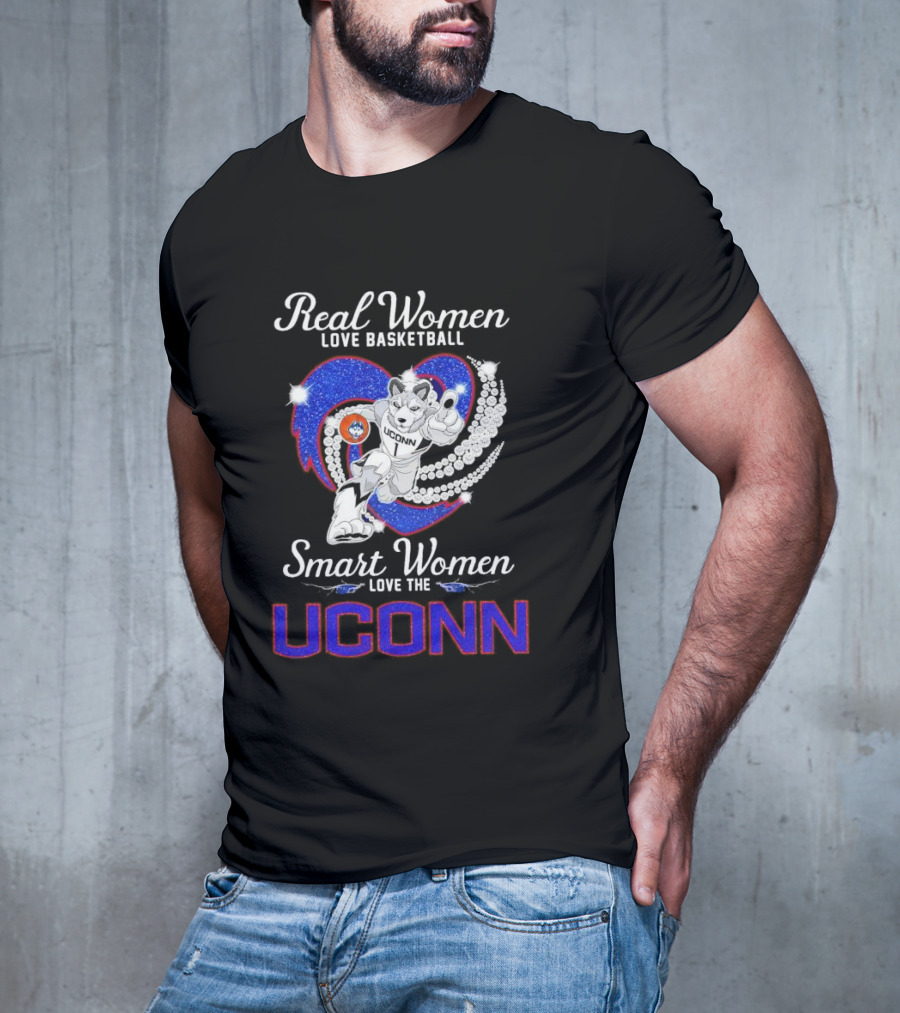 Real Women Love Basketball Smart Women Love The UConn Huskies UConn Basketball Fan Heart T-Shirt