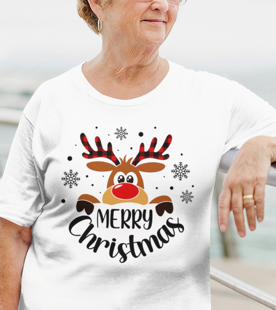 Reindeer Merry Christmas Plaid Antlers Snowflake T-Shirt