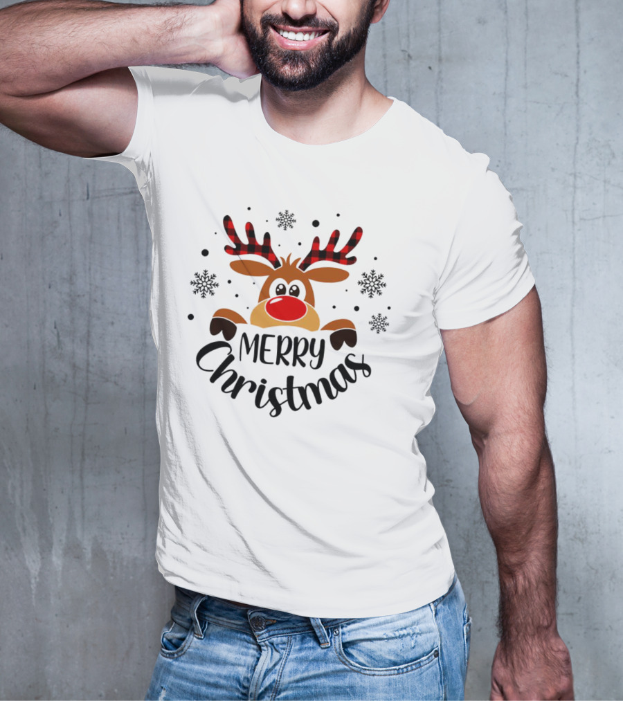 Reindeer Merry Christmas Plaid Antlers Snowflake T-Shirt
