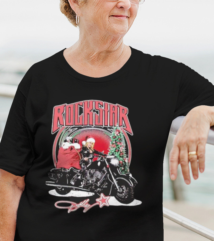 Rockstar Dolly Christmas Motorcycle Santa Hat T-Shirt
