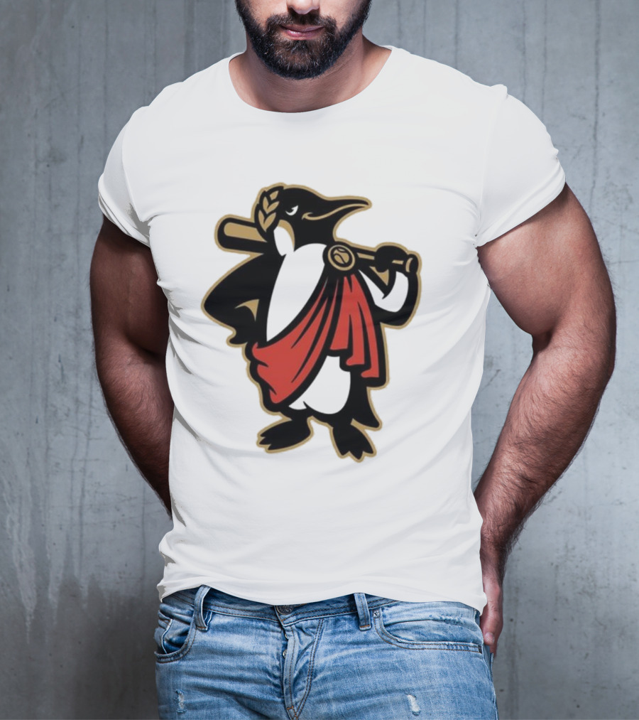 Rome Emperors Penguin In Red Toga With Baseball Bat And Laurel Wreath T-Shirt