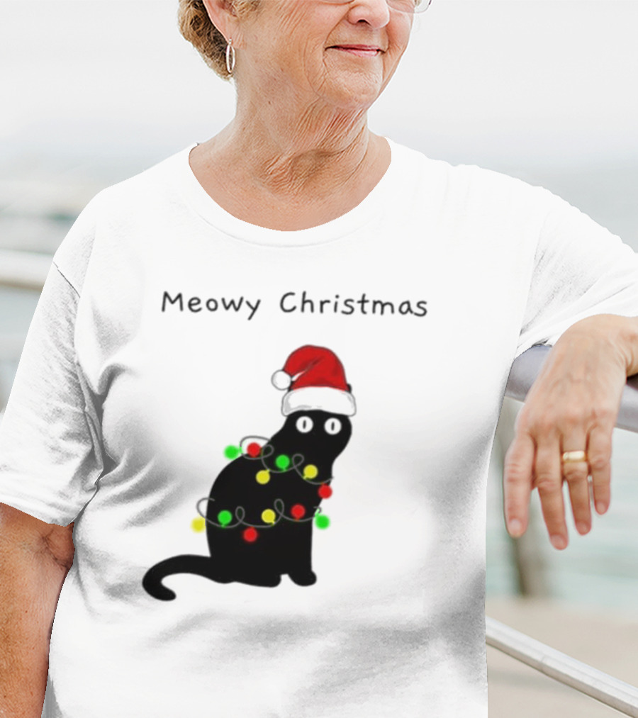 Meowy Christmas Santa Cat With Lights T-Shirt