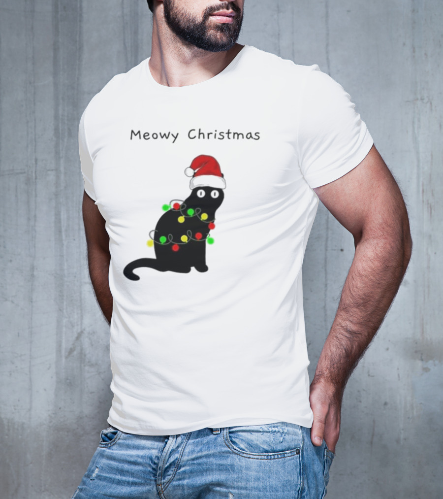 Meowy Christmas Santa Cat With Lights T-Shirt