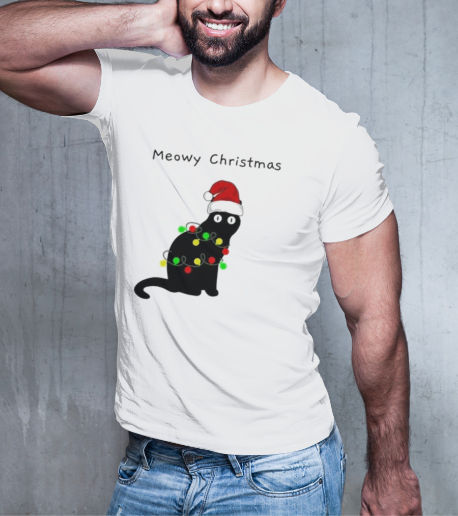 Meowy Christmas Santa Cat With Lights T-Shirt