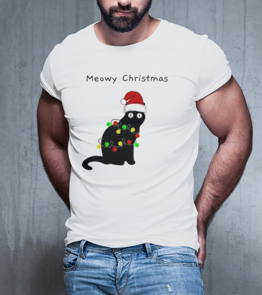 Meowy Christmas Santa Cat With Lights T-Shirt