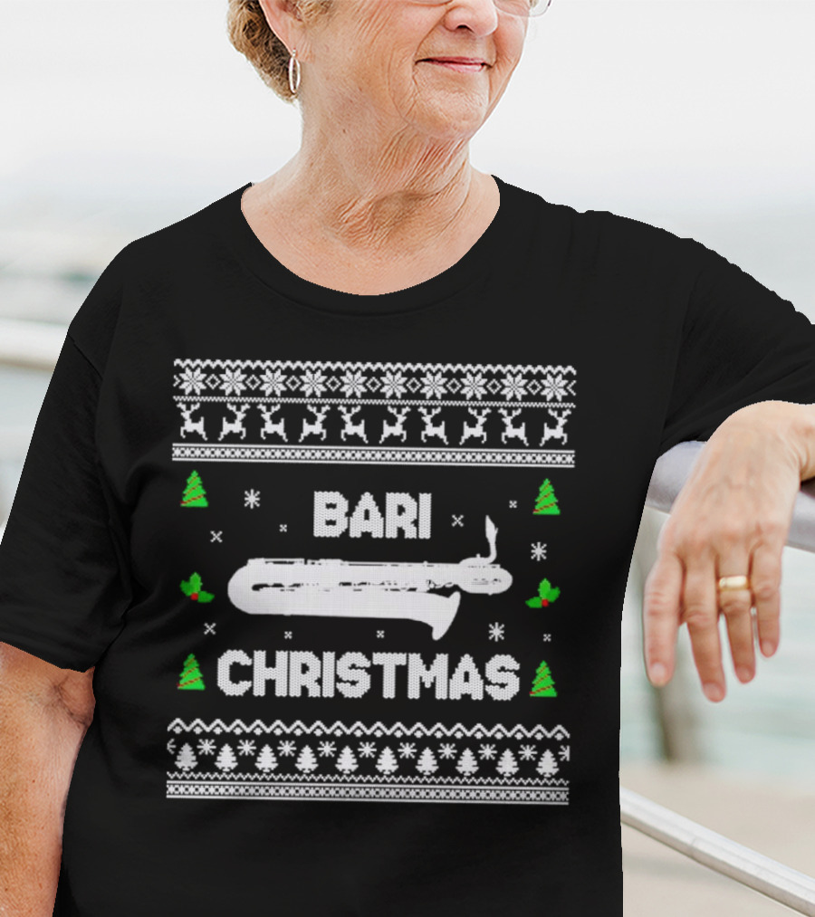 Bari Christmas Saxophone Ugly Sweater Reindeer Trees Snowflakes T-Shirt