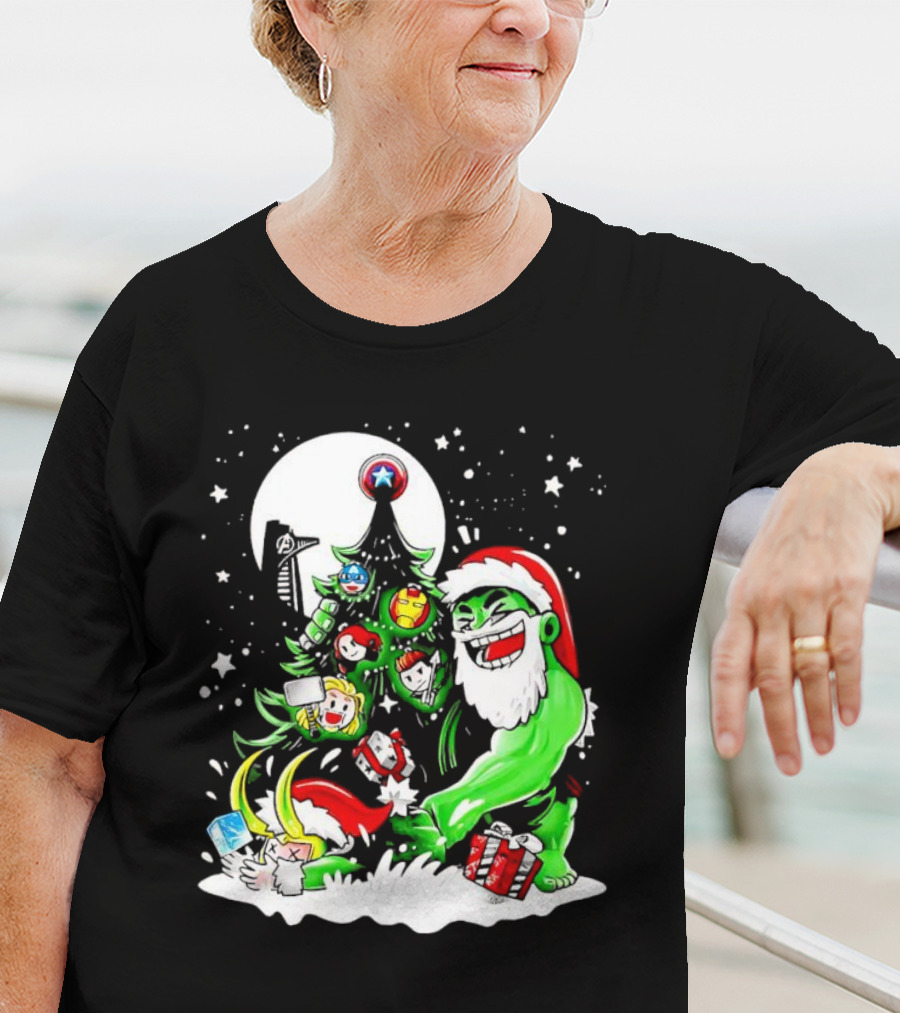 The Avengers Marvel Characters Christmas Tree With Hulk Santa And Superhero Ornaments T-Shirt