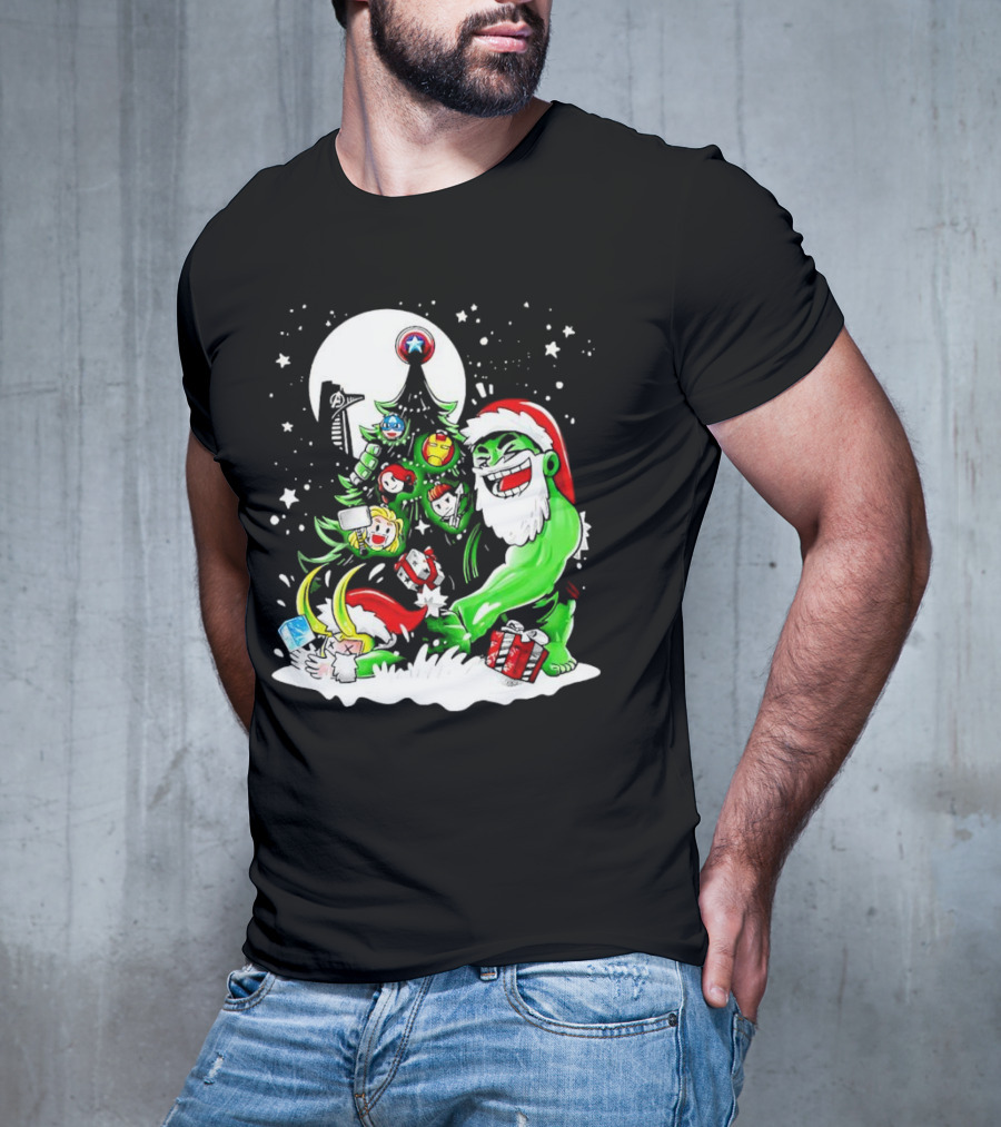 The Avengers Marvel Characters Christmas Tree With Hulk Santa And Superhero Ornaments T-Shirt