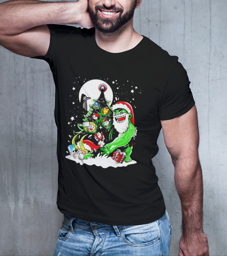 The Avengers Marvel Characters Christmas Tree With Hulk Santa And Superhero Ornaments T-Shirt