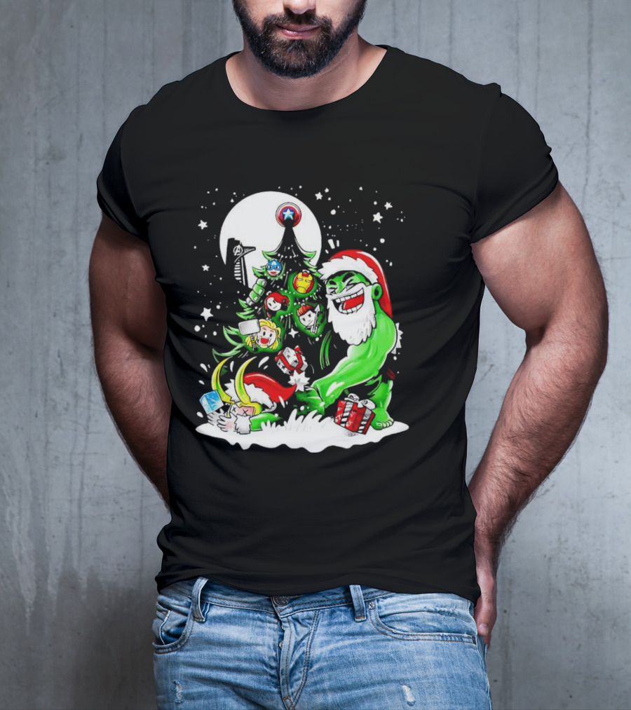 The Avengers Marvel Characters Christmas Tree With Hulk Santa And Superhero Ornaments T-Shirt