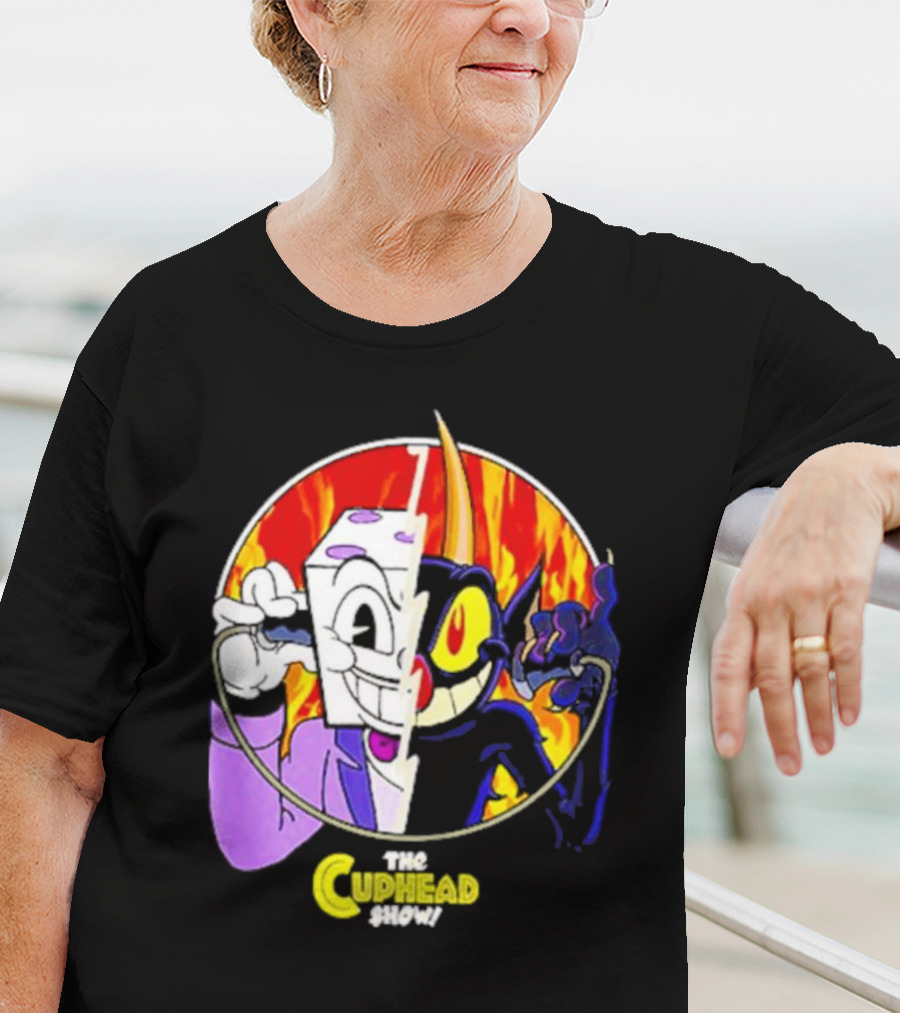 The Cuphead Show King Dice Devil Iconic Faces Fiery Background T-Shirt