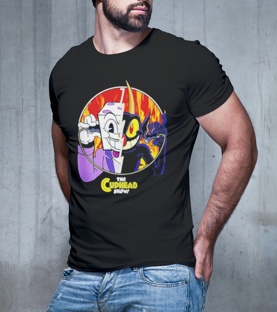 The Cuphead Show King Dice Devil Iconic Faces Fiery Background T-Shirt