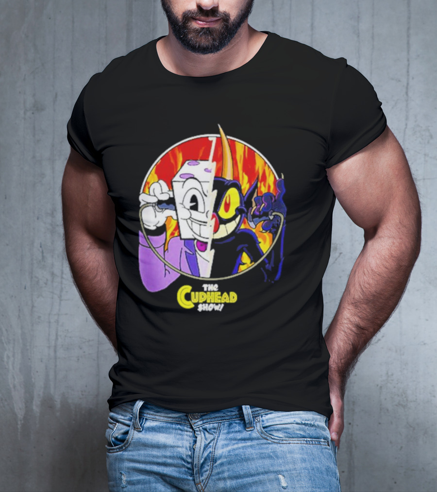 The Cuphead Show King Dice Devil Iconic Faces Fiery Background T-Shirt