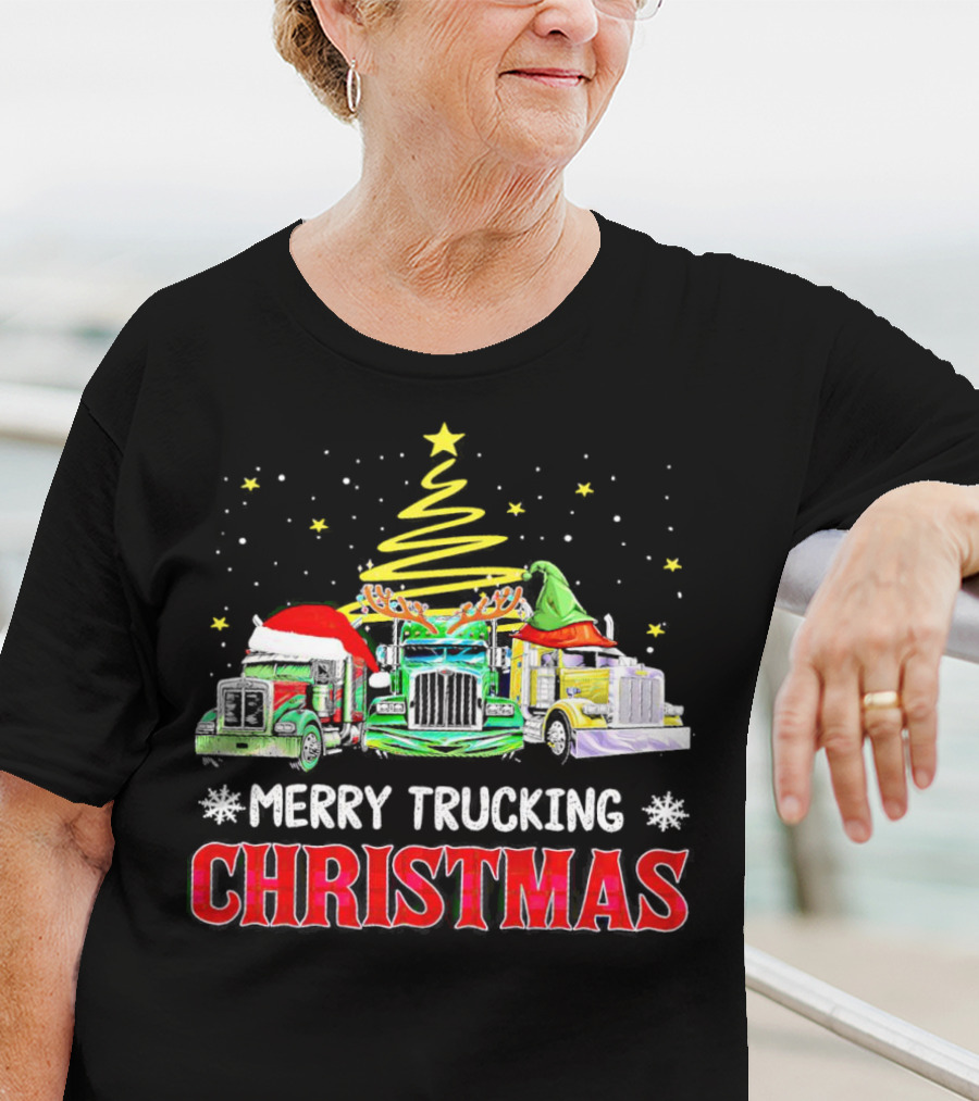 Merry Trucking Christmas With Festive Decorated Trucks And Starry Tree T-Shirt