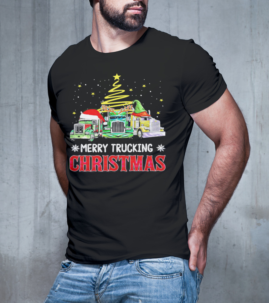 Merry Trucking Christmas With Festive Decorated Trucks And Starry Tree T-Shirt