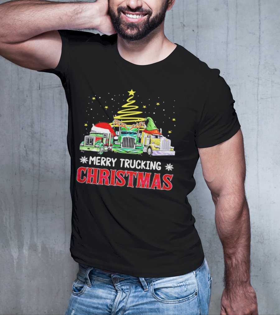 Merry Trucking Christmas With Festive Decorated Trucks And Starry Tree T-Shirt