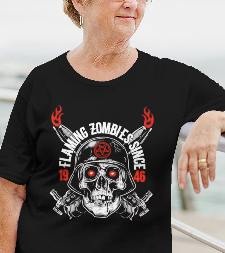 Flaming Zombies Since 1946 Skull With Flaming Bazookas And Pentagram Helmet T-Shirt